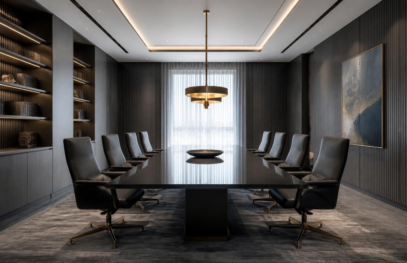 Sala de conselho corporativa organizada e simétrica
