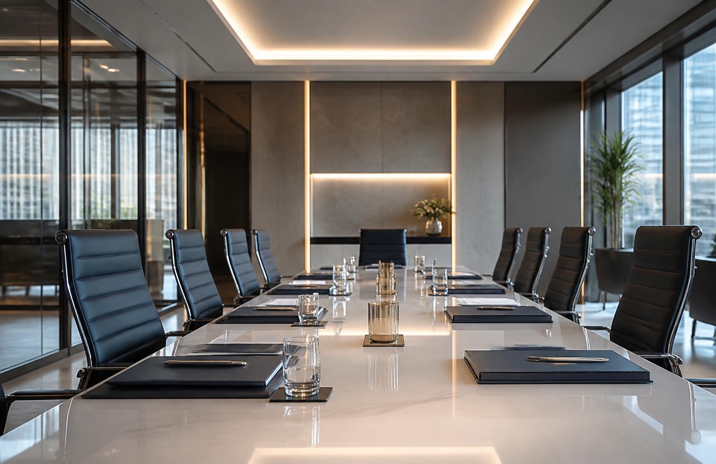 Mesa de reunião corporativa preparada para análise documental