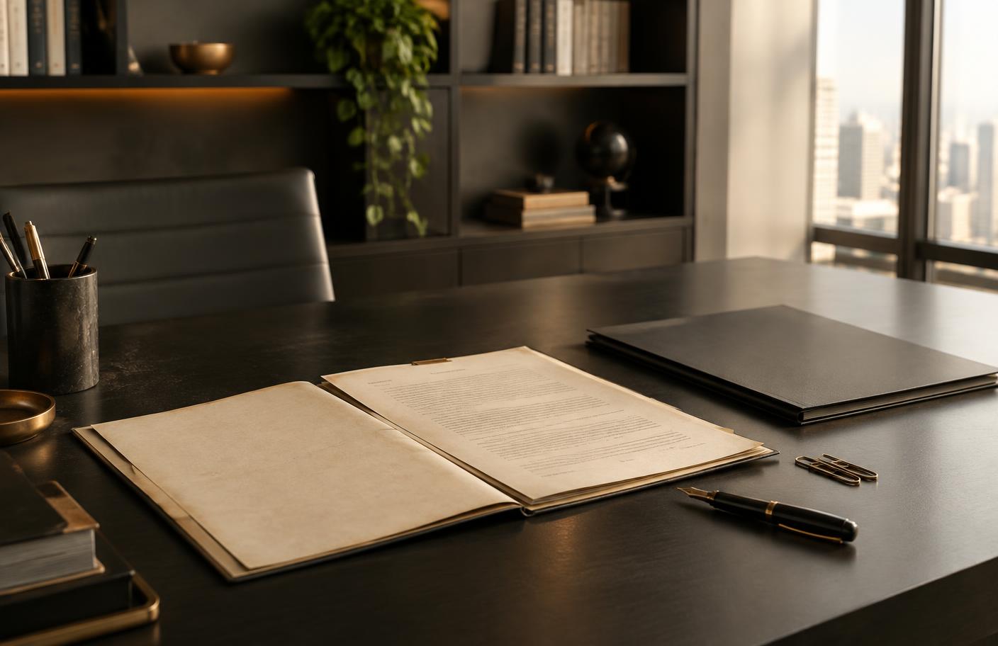 Pasta de documentos antiga aberta ao lado de pasta atualizada e caneta em mesa de escritório