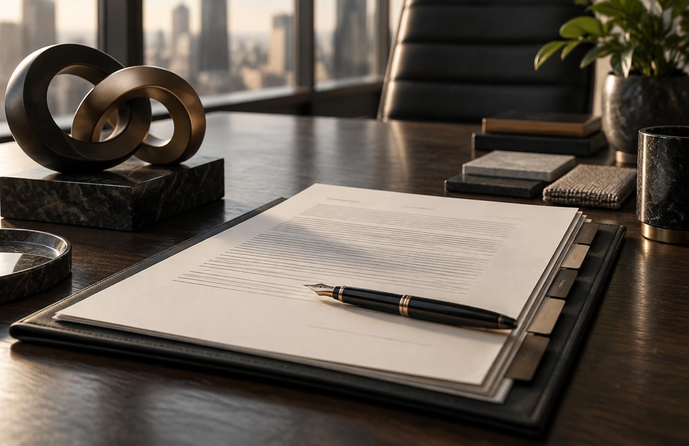 Contrato empresarial organizado sobre mesa de reunião