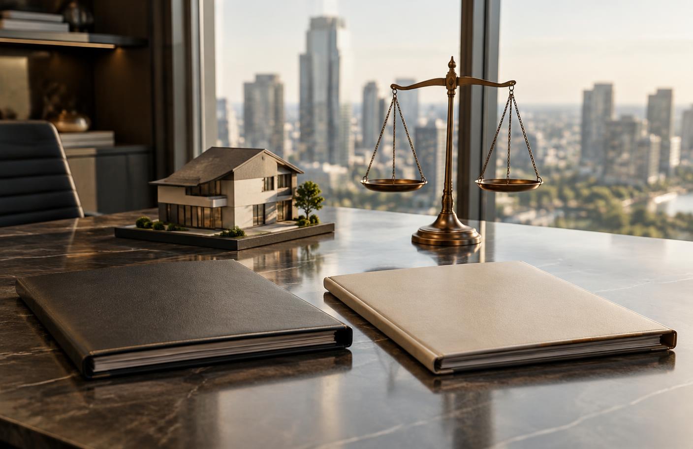 Pastas separadas, maquete de residência e balança de bronze sobre mesa corporativa