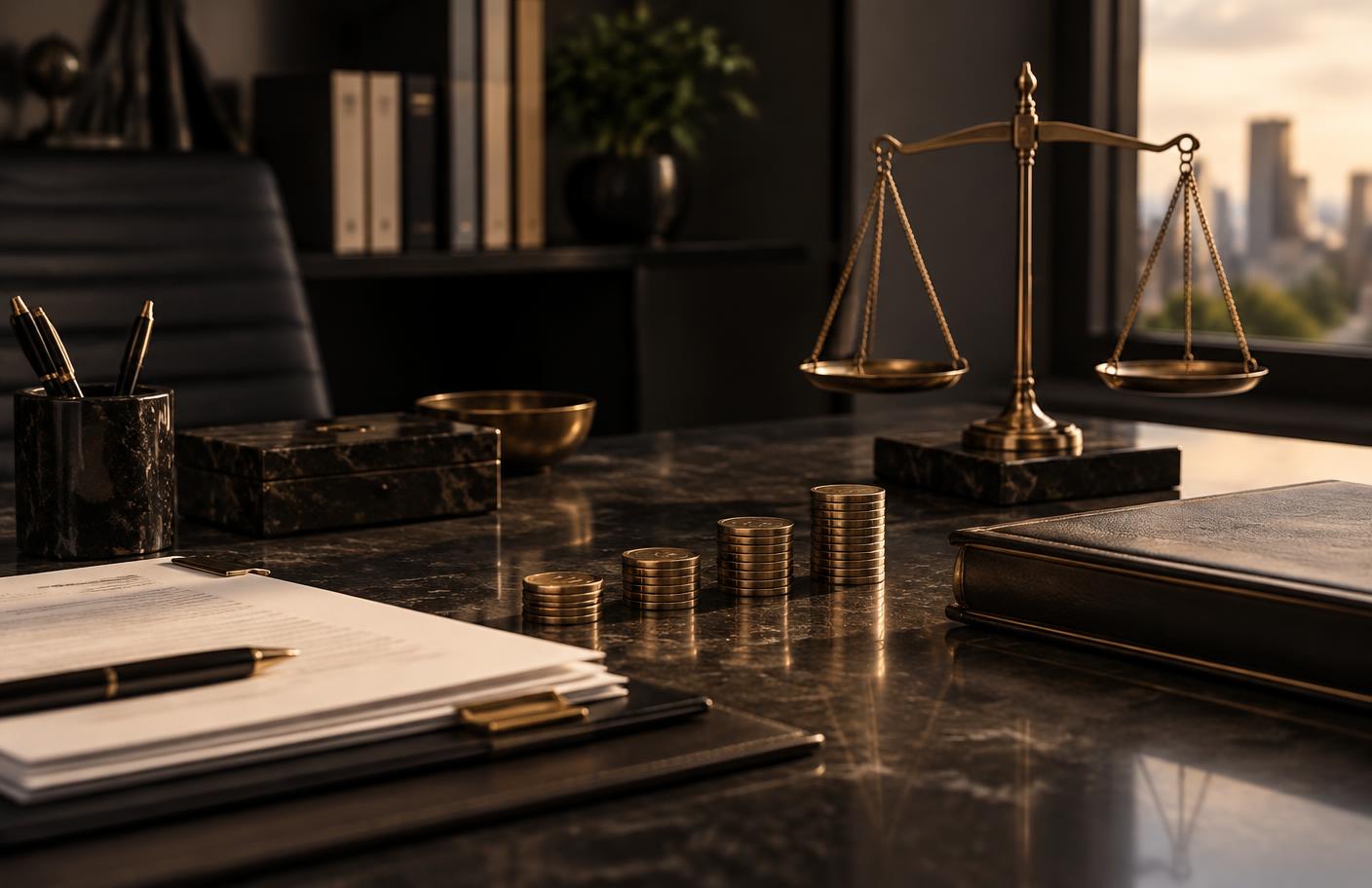 Documentos financeiros e balança em escritório corporativo