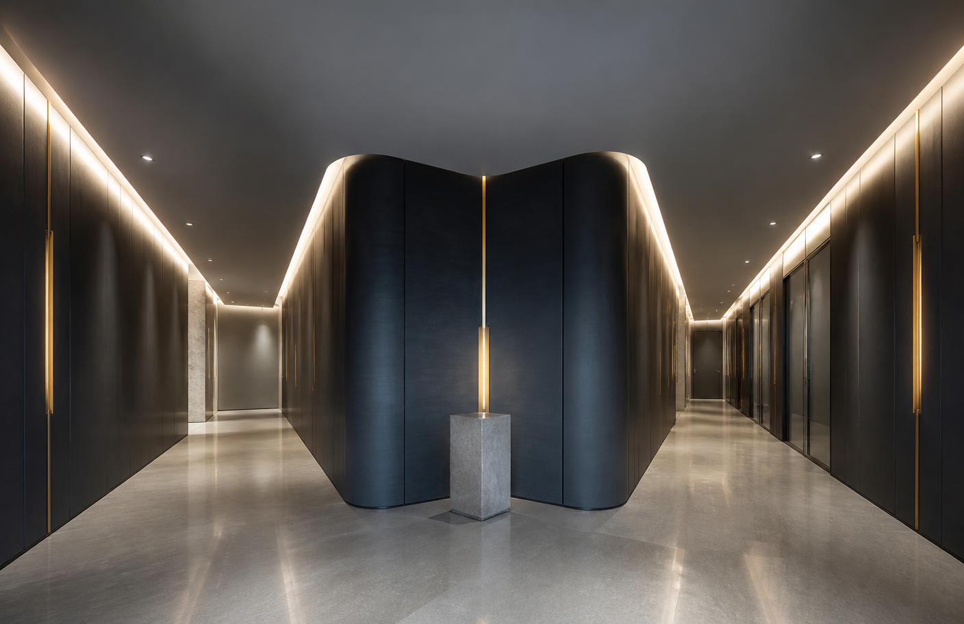 Hall corporativo com dois corredores simétricos